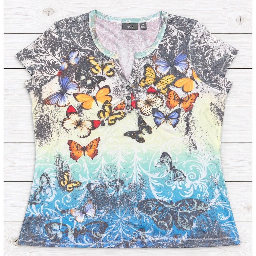 Apt. 9 Henley Top Butterfly Print Stud Scroll Ombre Cottagecore Embellished XL